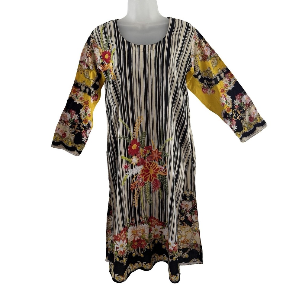 Boho Embroidered Floral Stripe Shift Dress Womens Large‎ Multicolor Long Sleeve